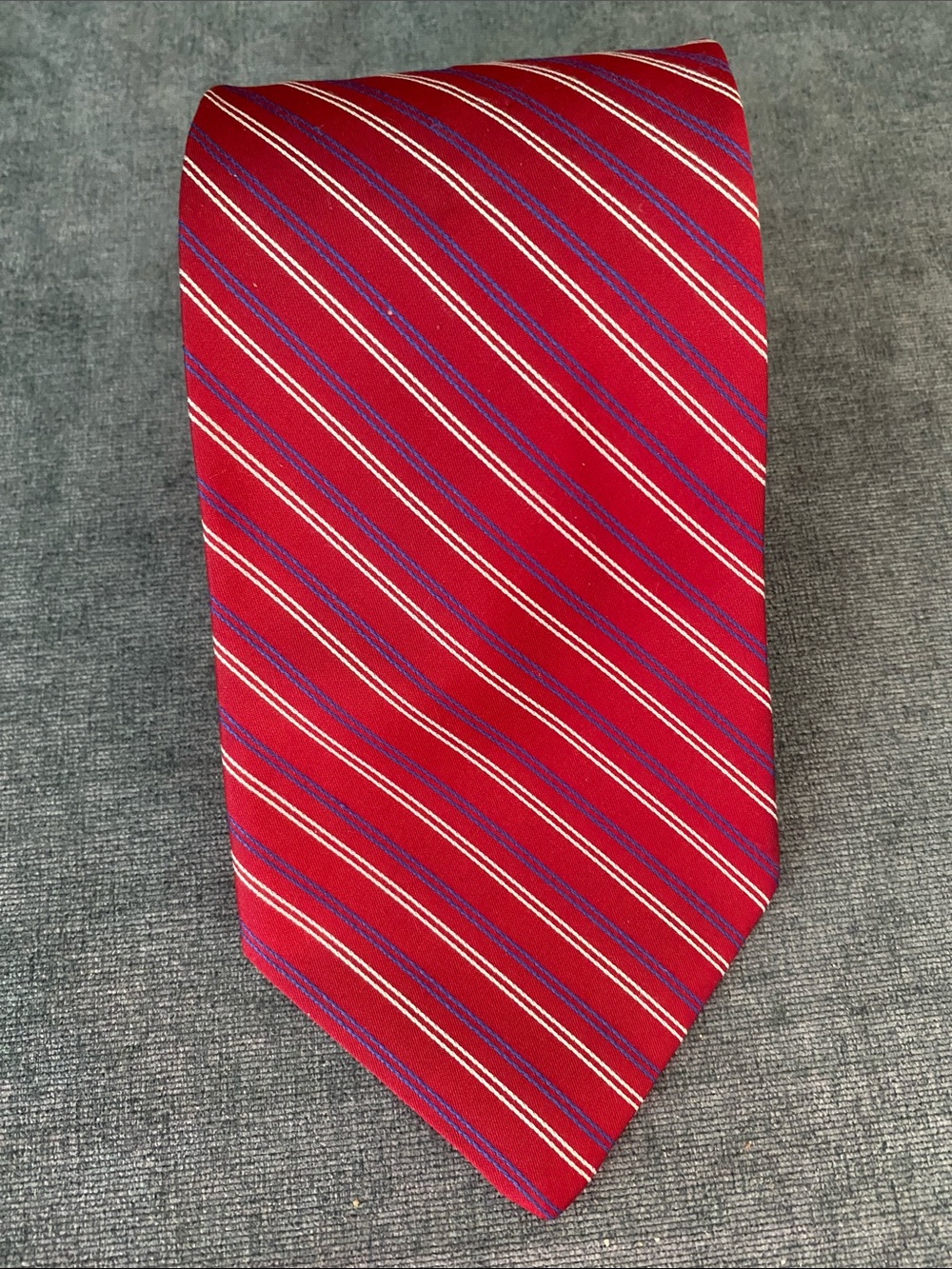 Brooks Brothers Red Silk Diagonal Stripe Tie with Blue and White Accents